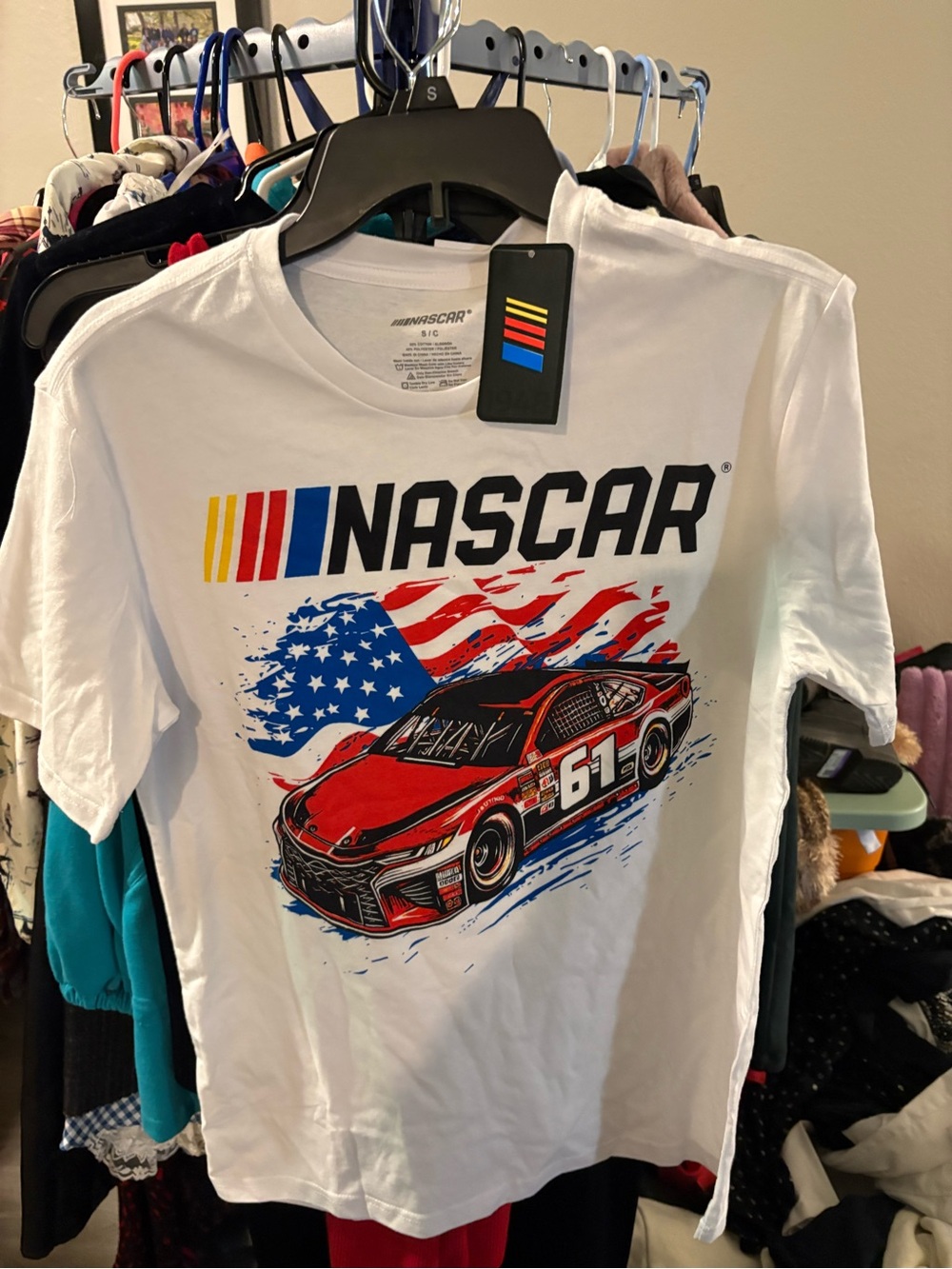 Nascar White Tee with Red Race Car and American Flag Graphic